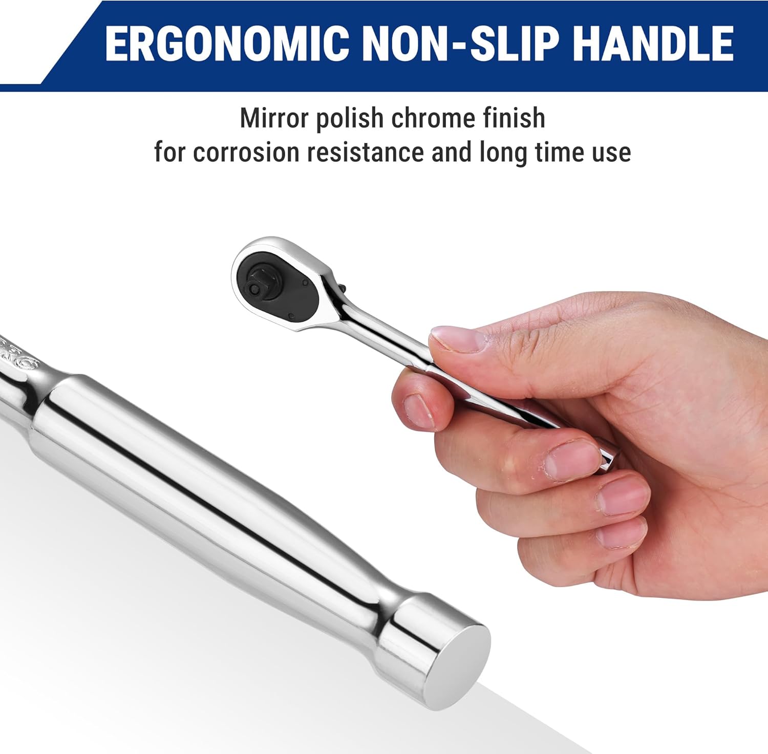Ergonomic non-slip handle on a polished chrome 1/4 in ratchet wrench.