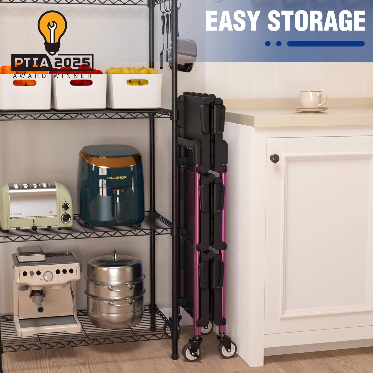 Black and pink 3-tier collapsible cart with caster wheels parked in a storage area