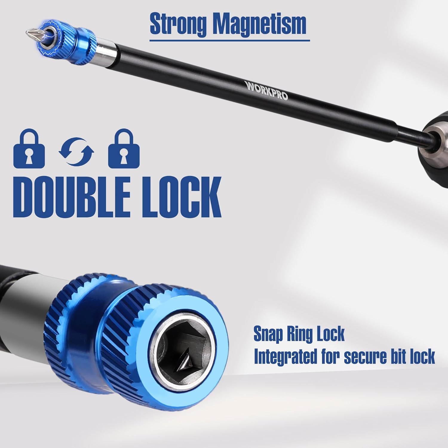 12-inch drill bit extension with blue double-lock snap-ring secure bit holder