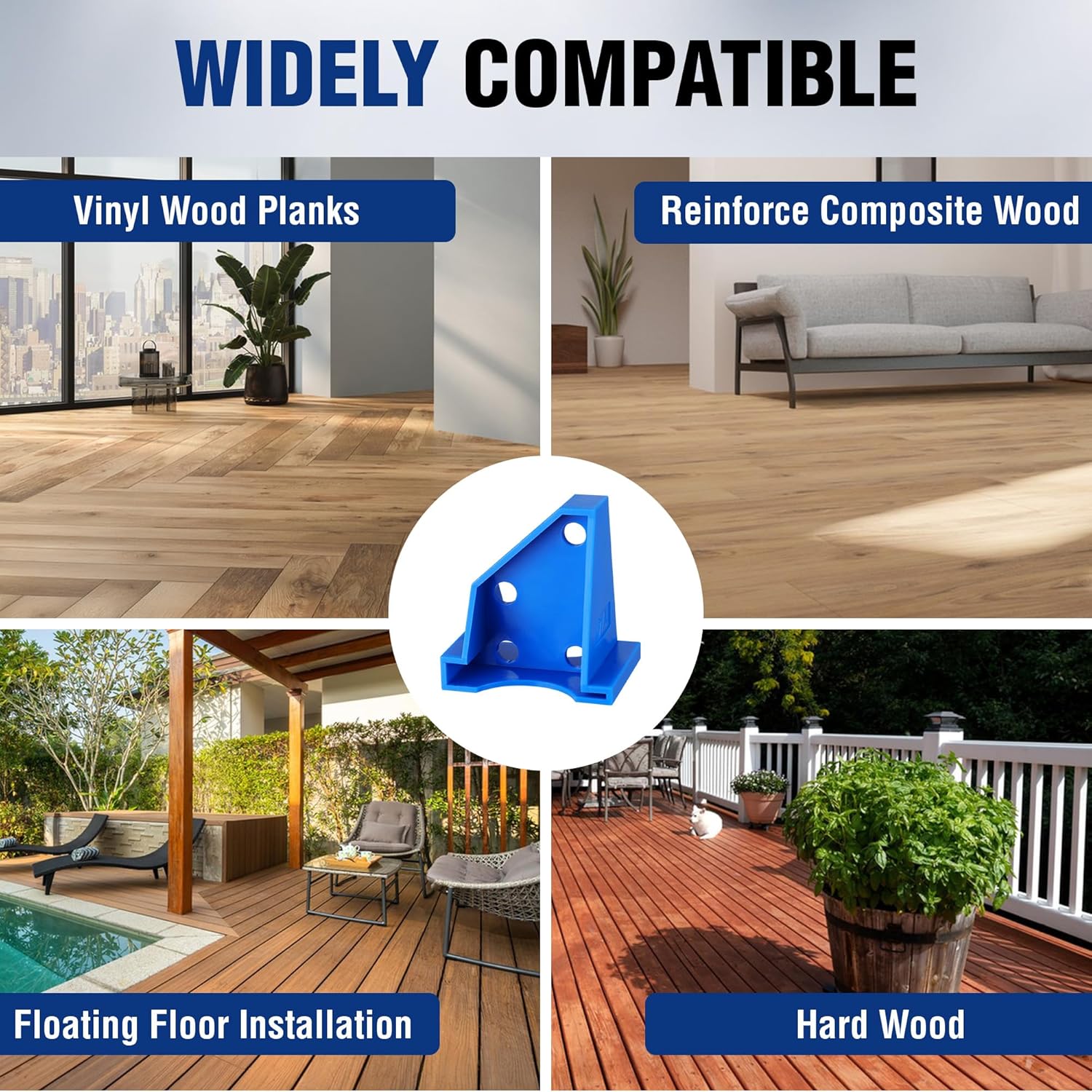 Blue triangular flooring spacers with raised base tabs for aligning planks across floor types.