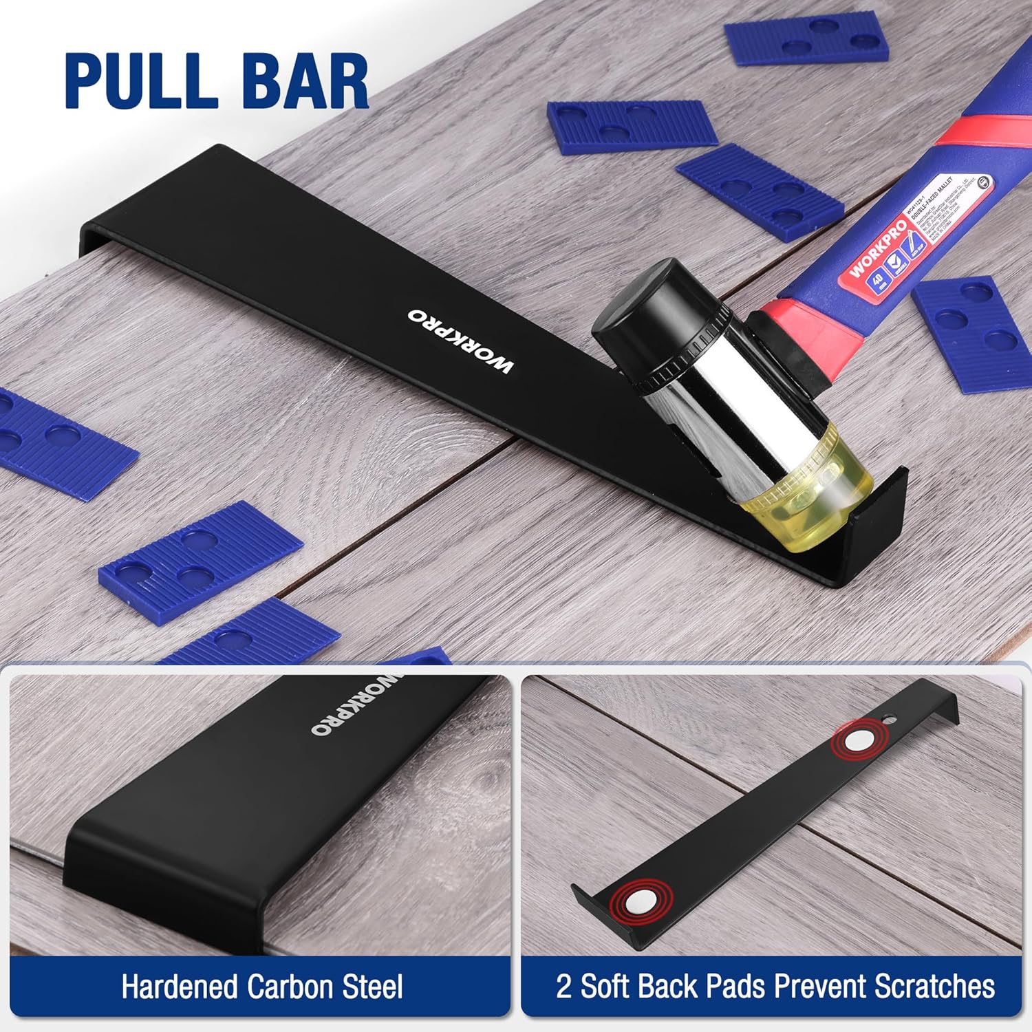 Laminate pull bar with hardened carbon steel body and soft back pads