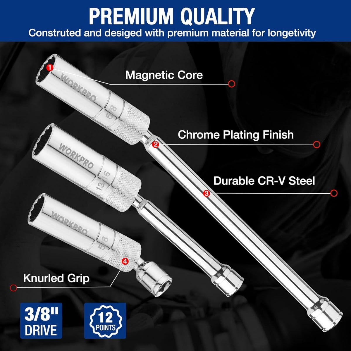 Magnetic spark plug socket extensions with knurled grip and durable chrome finish