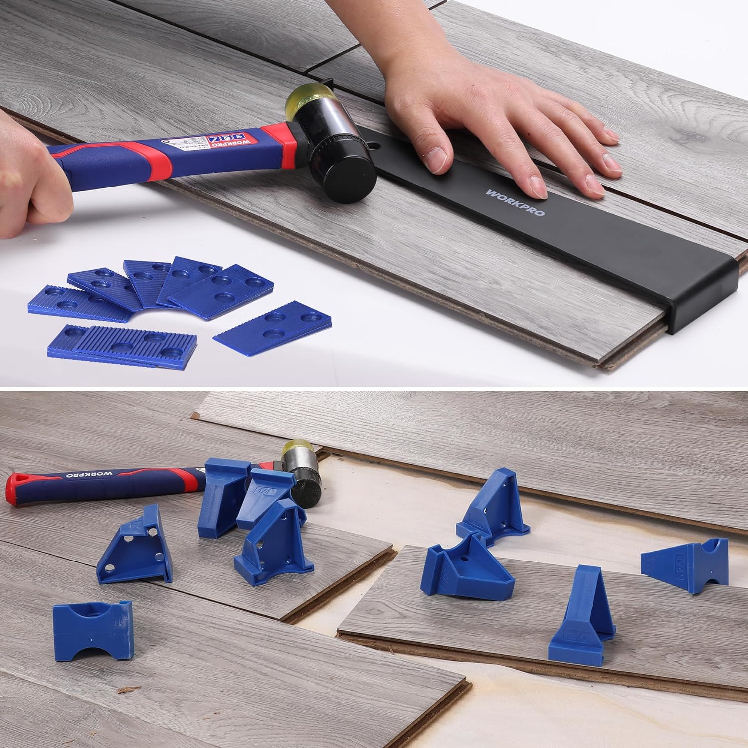 Laminate flooring installation with mallet and pull bar, using blue spacers to space planks