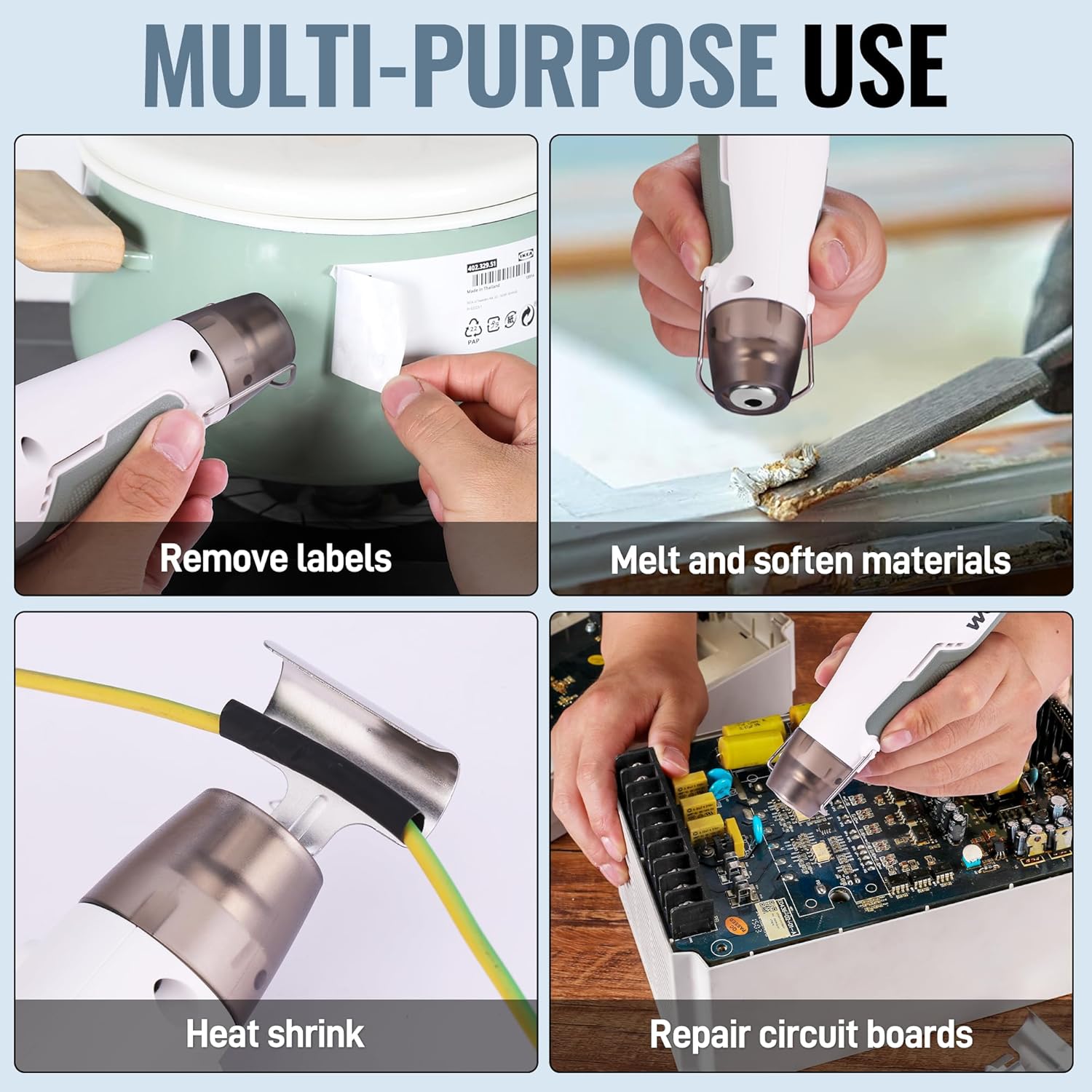 Cordless mini heat gun demonstrating uses like label removal, heat shrink, and repair work.