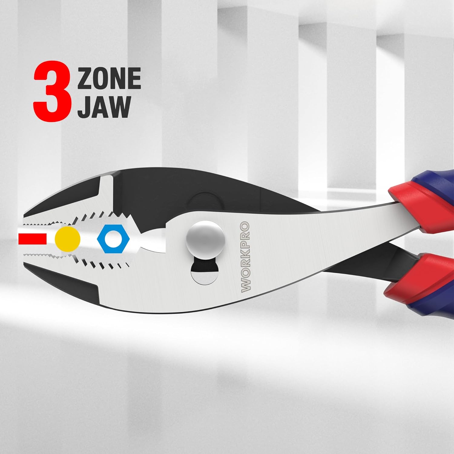 Slip joint pliers showing 3-zone jaw serrations and pivot joint area