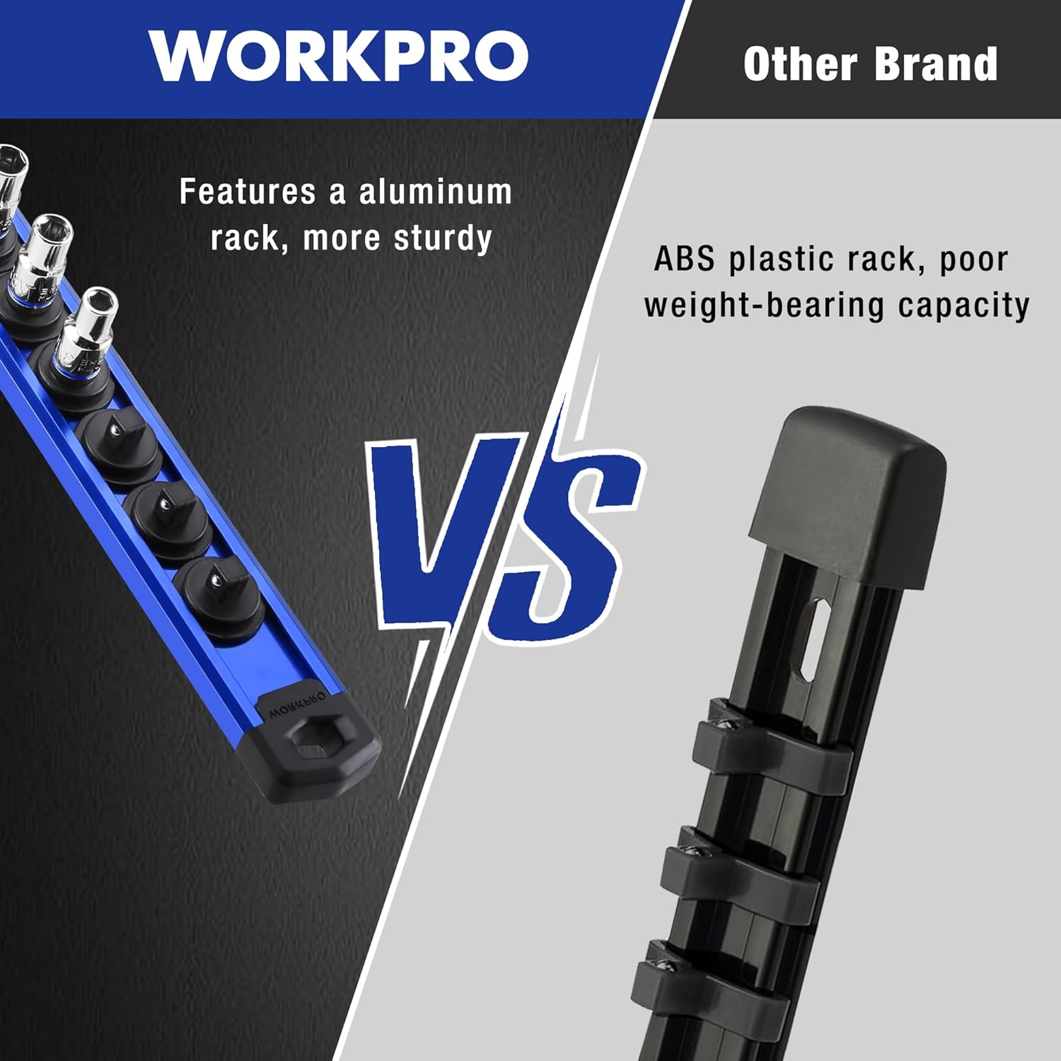 Aluminum socket organizer rack with blue rail and black magnetic clips