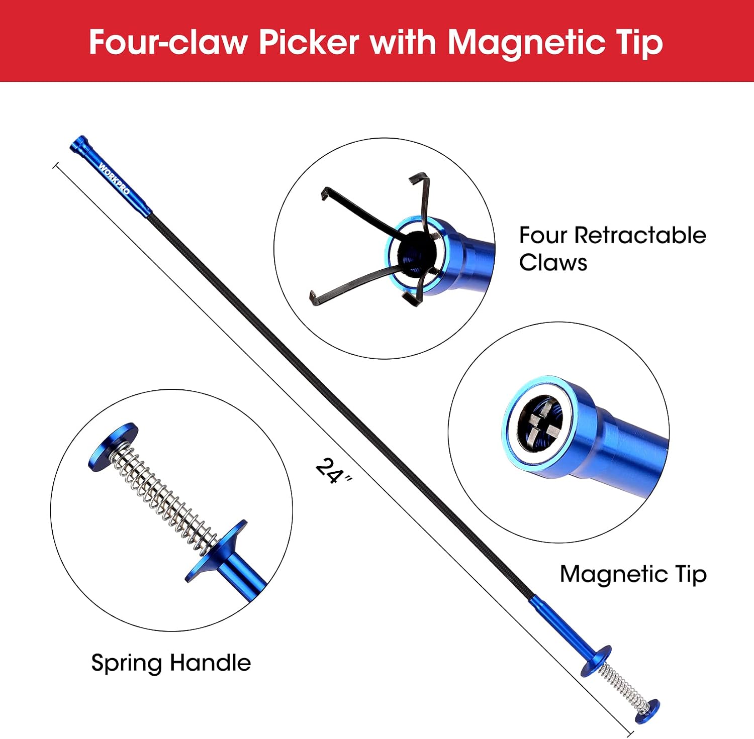 WORKPRO 4PC telescoping magnetic pick up tool kit with blue anodized tubes and secure four-claw grippers