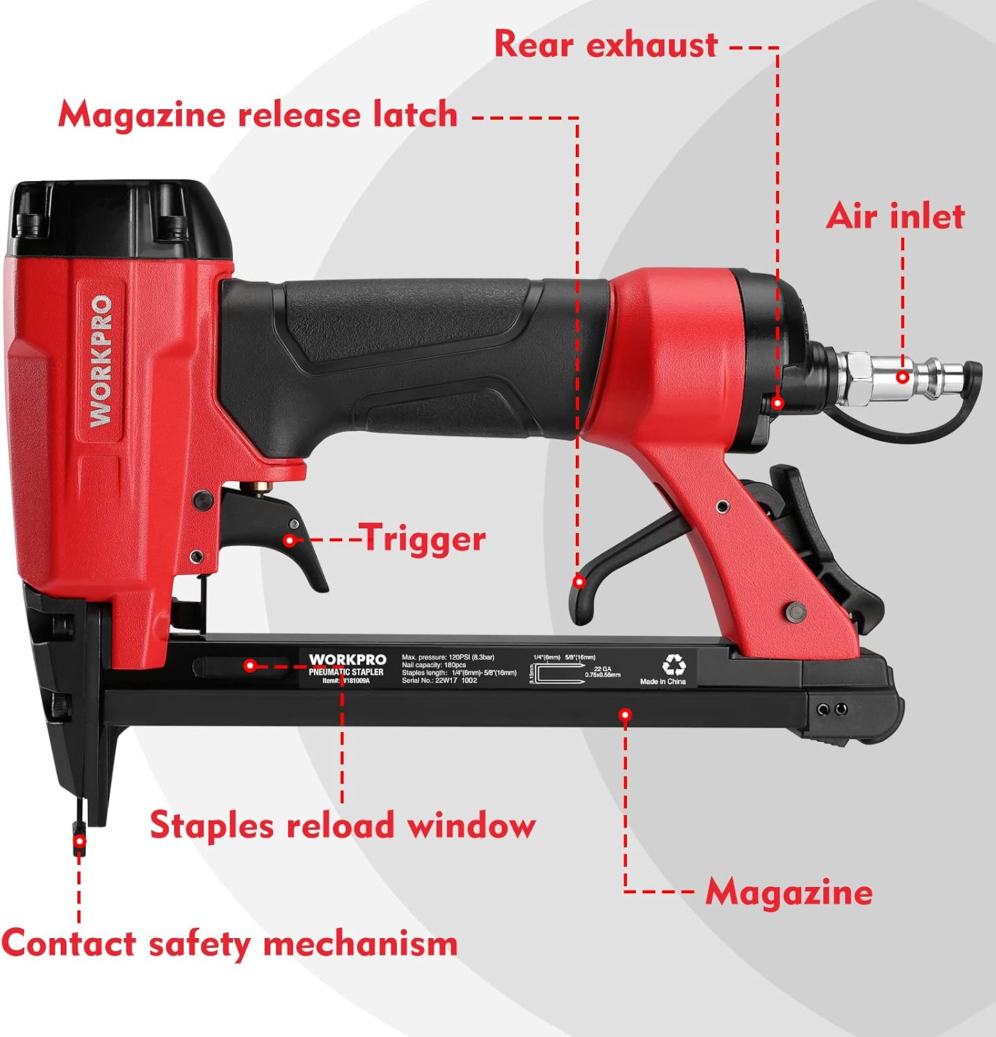 WORKPRO Pneumatic 22 Gauge Staple Gun, 7116 Upholstery Stapler with 1884pcs Staples 1/4” to 5/8”