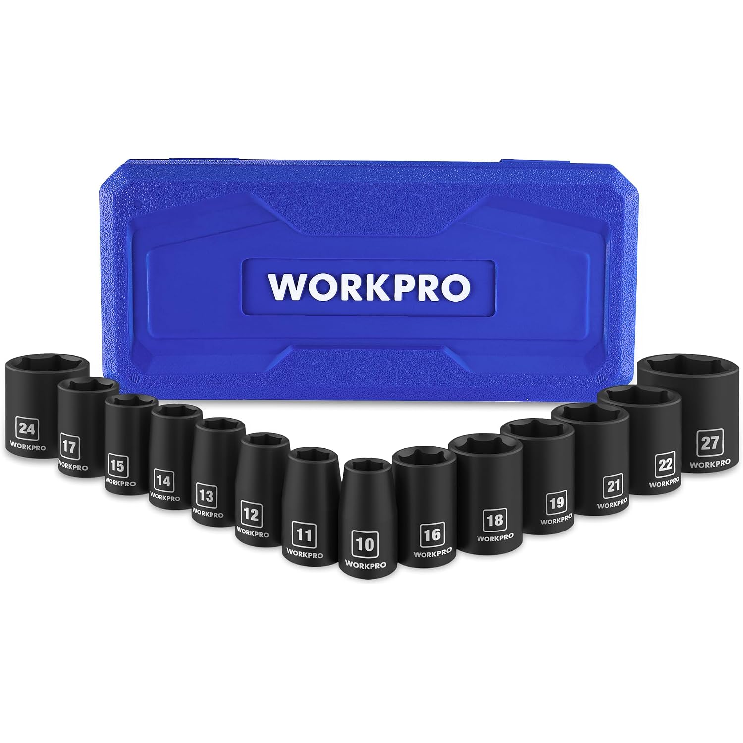 WORKPRO 1/2in drive shallow impact sockets with blue storage case and metric sizes