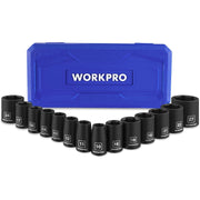 WORKPRO 1/2in drive shallow impact sockets with blue storage case and metric sizes