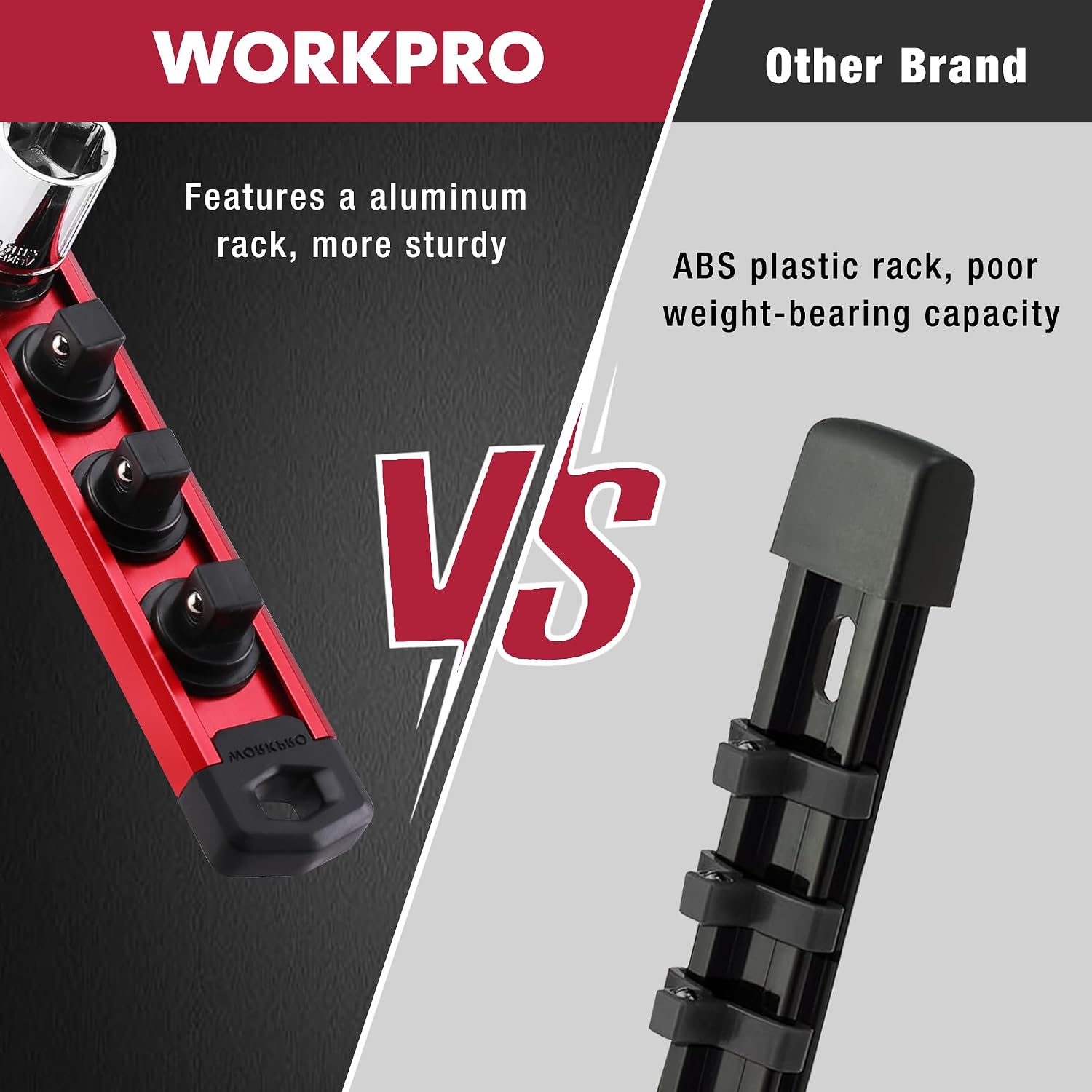 WORKPRO magnetic socket rail with red aluminum bar and black plastic clips