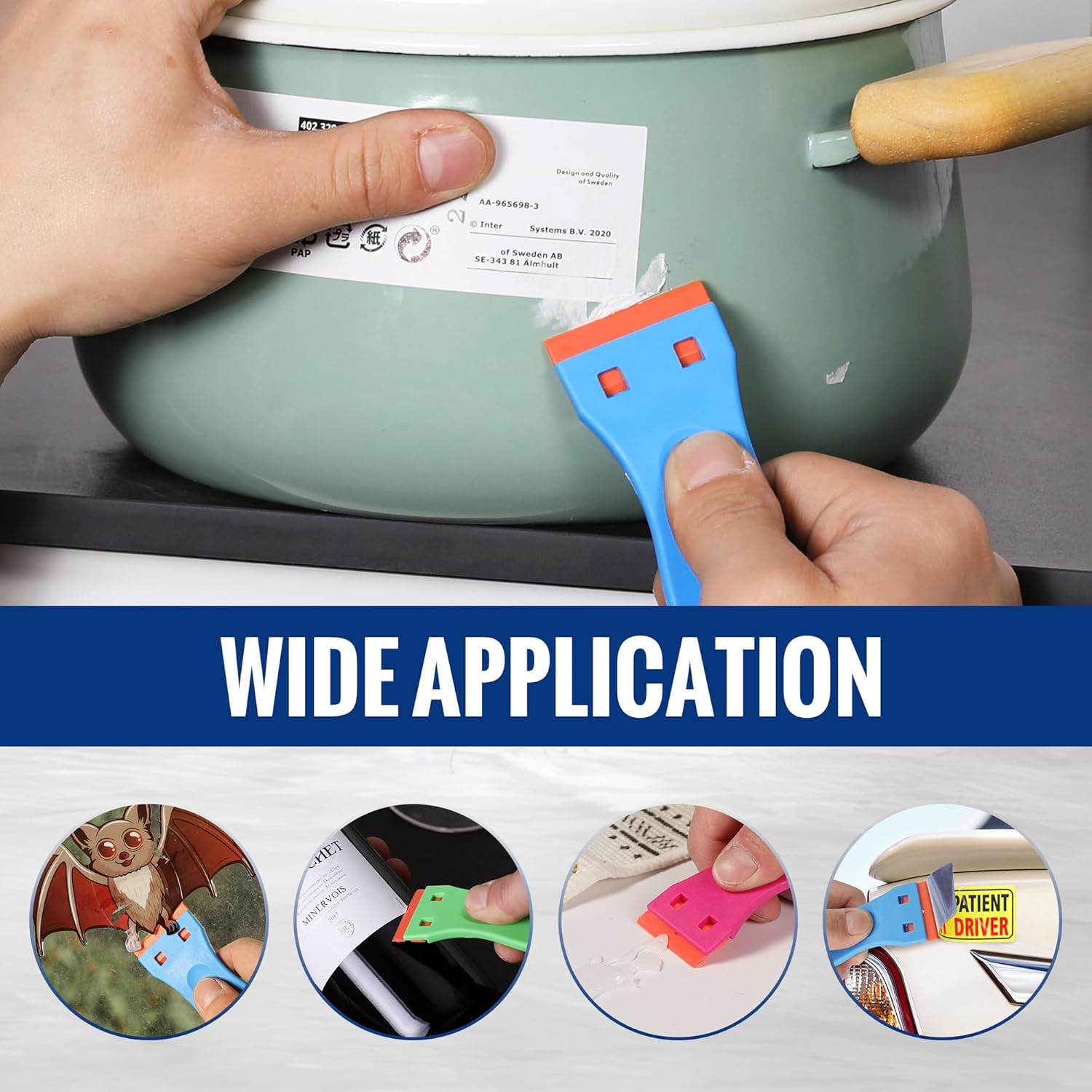 Blue plastic razor blade scraper being used for label and adhesive removal on glass