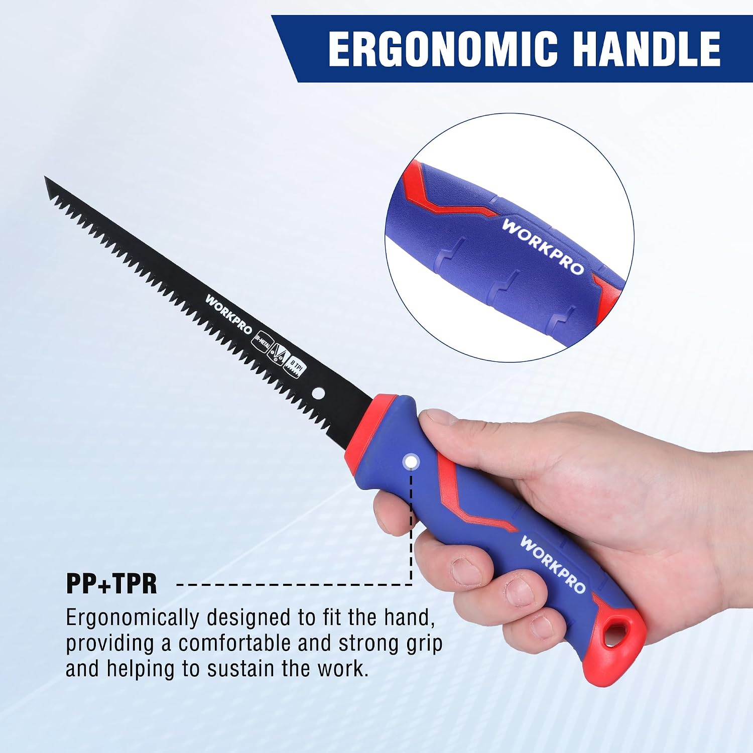 WORKPRO Drywall Saw, 6-inch Jab/Keyhole/Wallboard/Sheetrock Cutting Tool with Ergonomic Handle, Triple Ground Teeth, Faster Cutting Drywall Cutter with 8-TPI Bi-metal Blade | for plasterboard, plasterboard and plywood, hand saws with 8 TPI saw blades