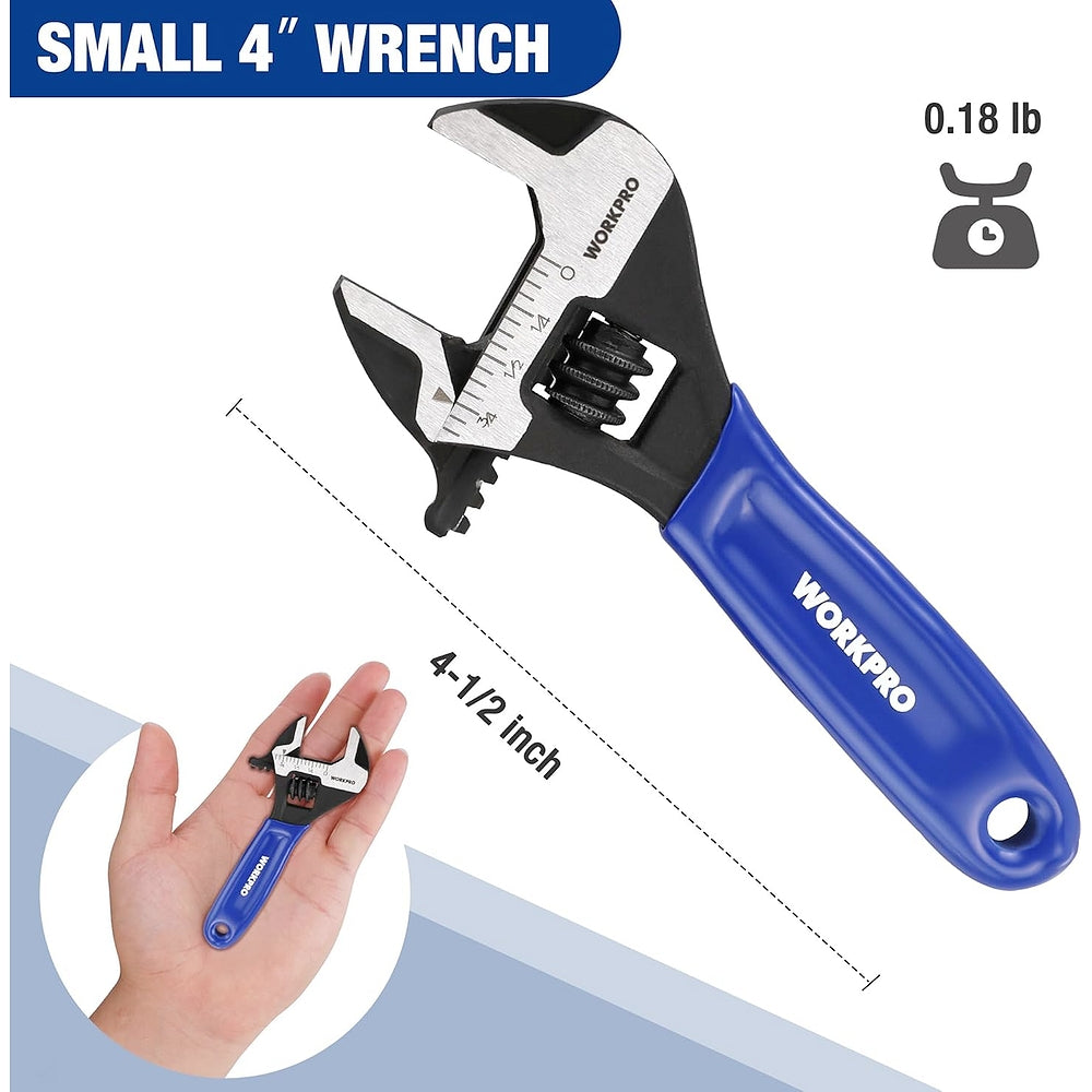 Mini adjustable wrench with compact 4 in size, blue handle, and adjustable jaw with scales