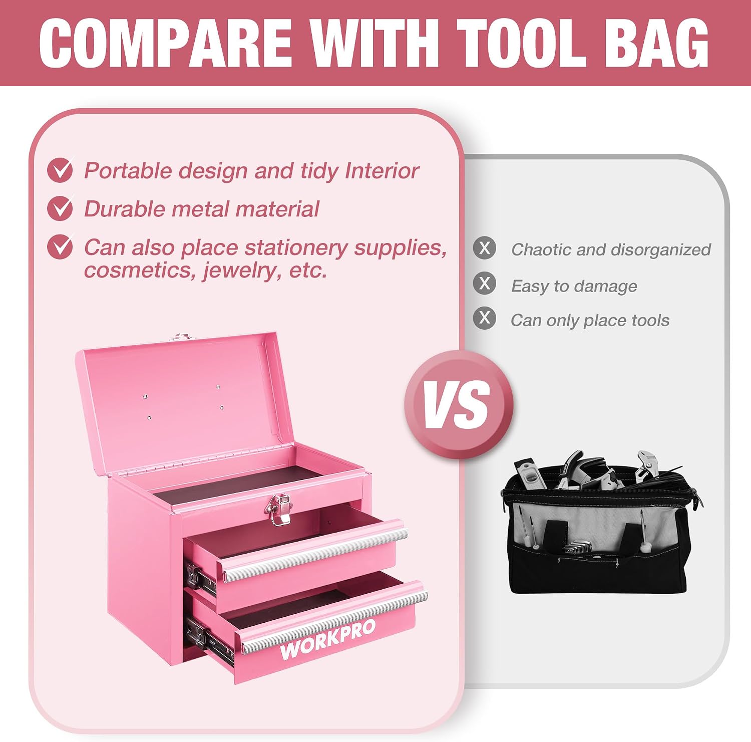 WORKPRO Portable & 12.5" Mini Metal Tool Box, Top Tool Chest Containing Two Drawers - Pink Ribbon