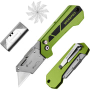 Green folding utility knife with extended blade and spare blade cartridge