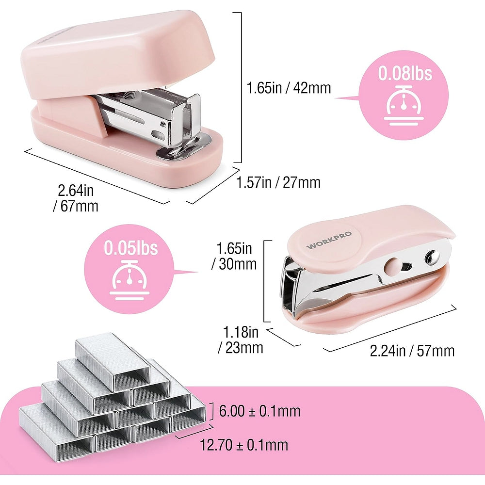 Pink mini stapler with compact size and staple capacity details