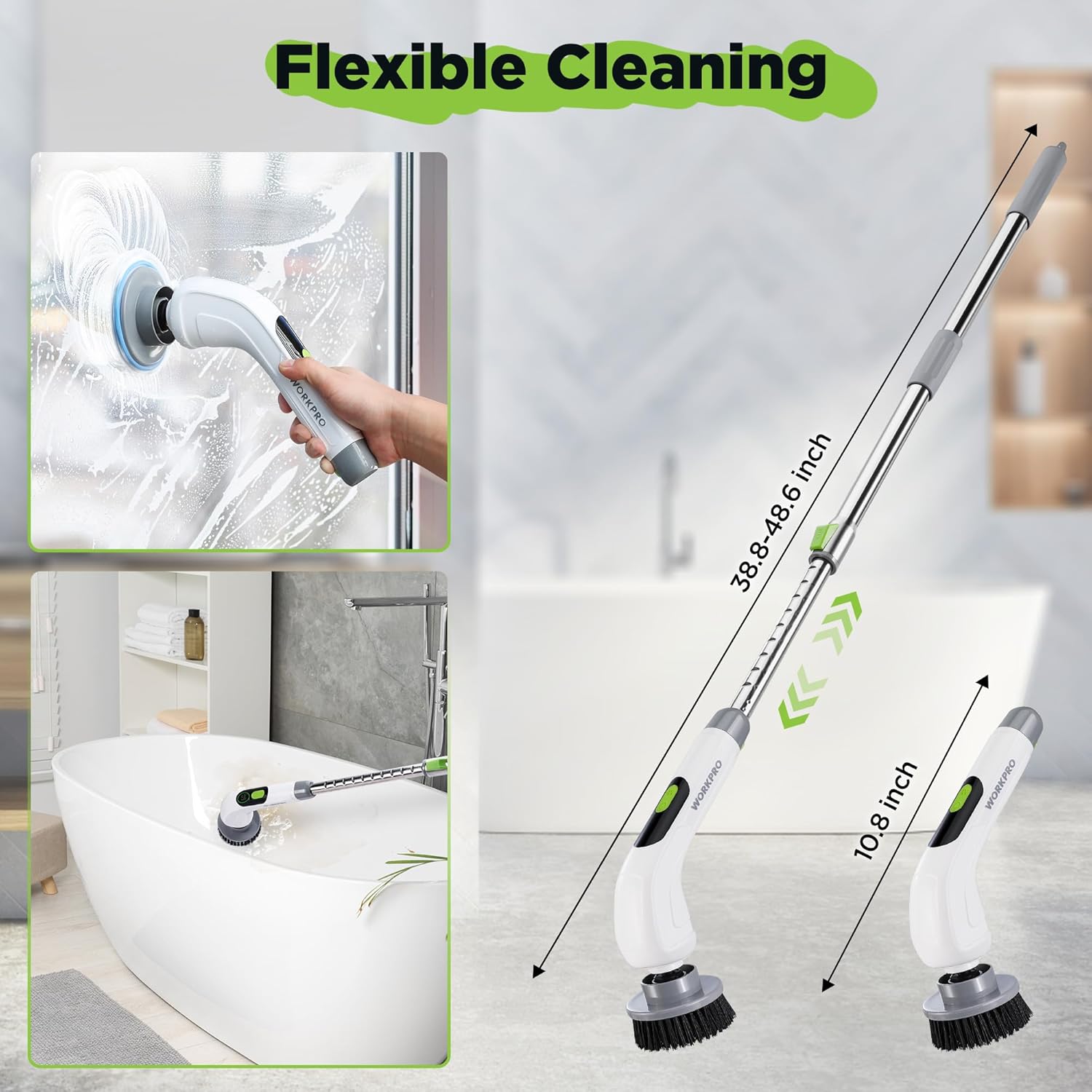 Cordless spin scrubber with angled long handle and rotating brush head, white and green