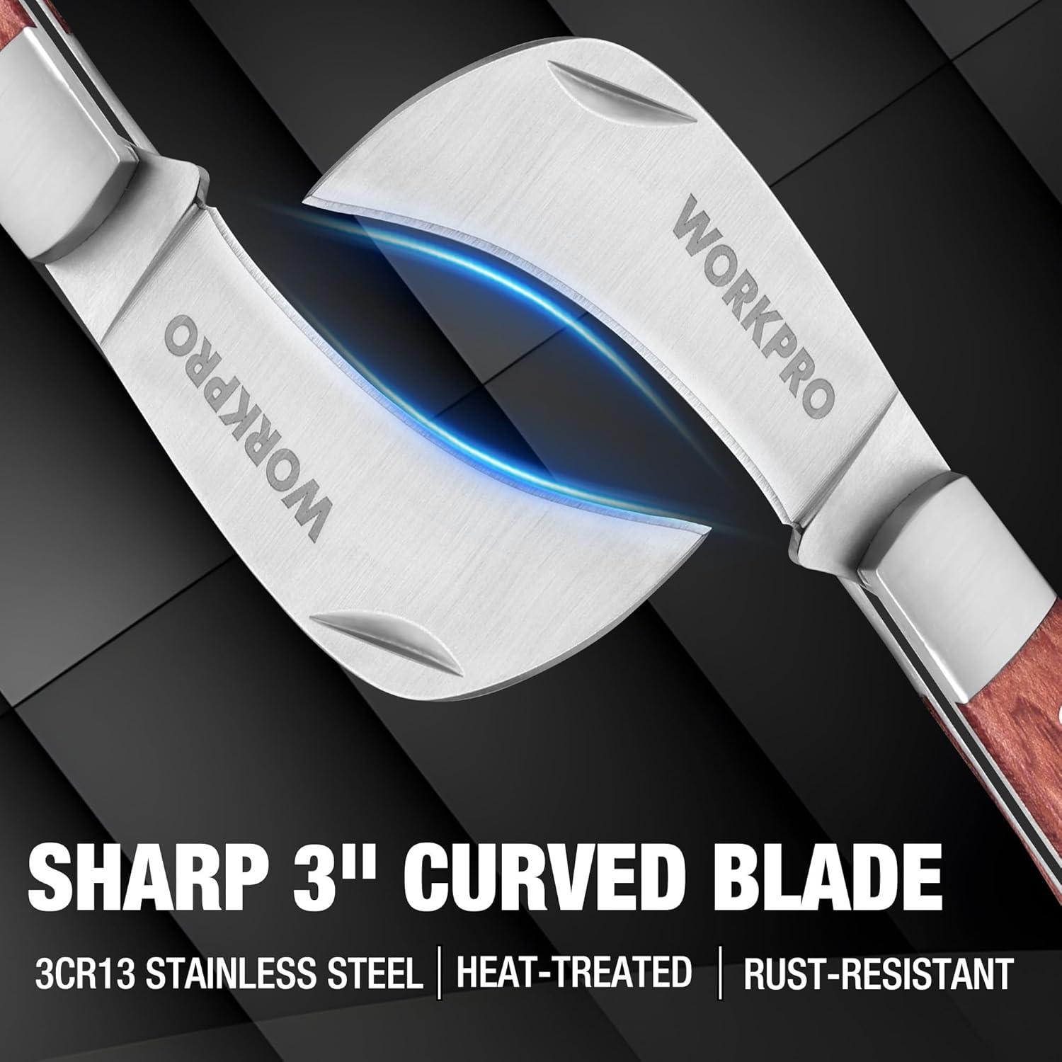 Folding utility knife with curved stainless blade and metal handle