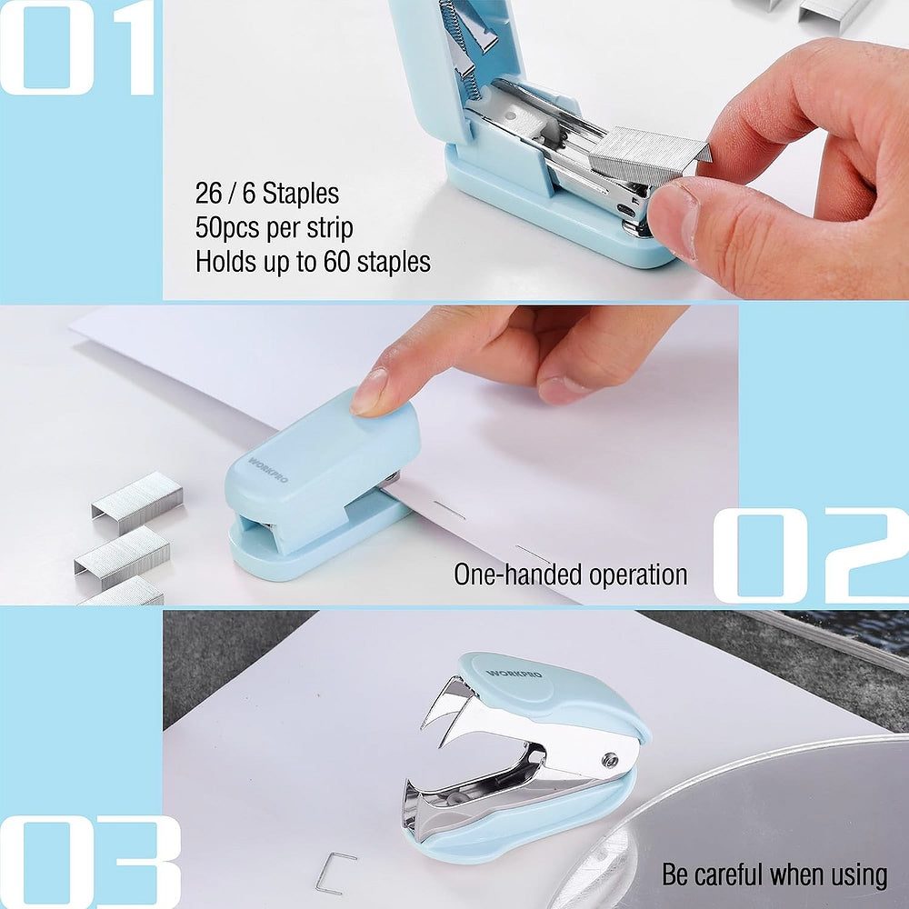 Light blue mini stapler in use, loading strip of staples into the stapler