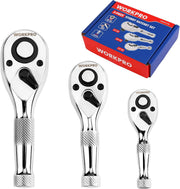 Chrome mini stubby ratchet handle set (3 pieces) with reversible quick-release