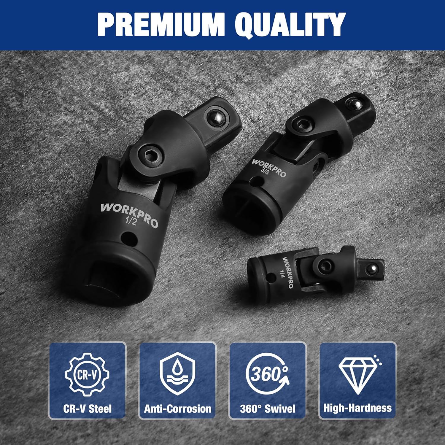 Three-piece black CR-V steel universal joint sockets with 360° swivel design