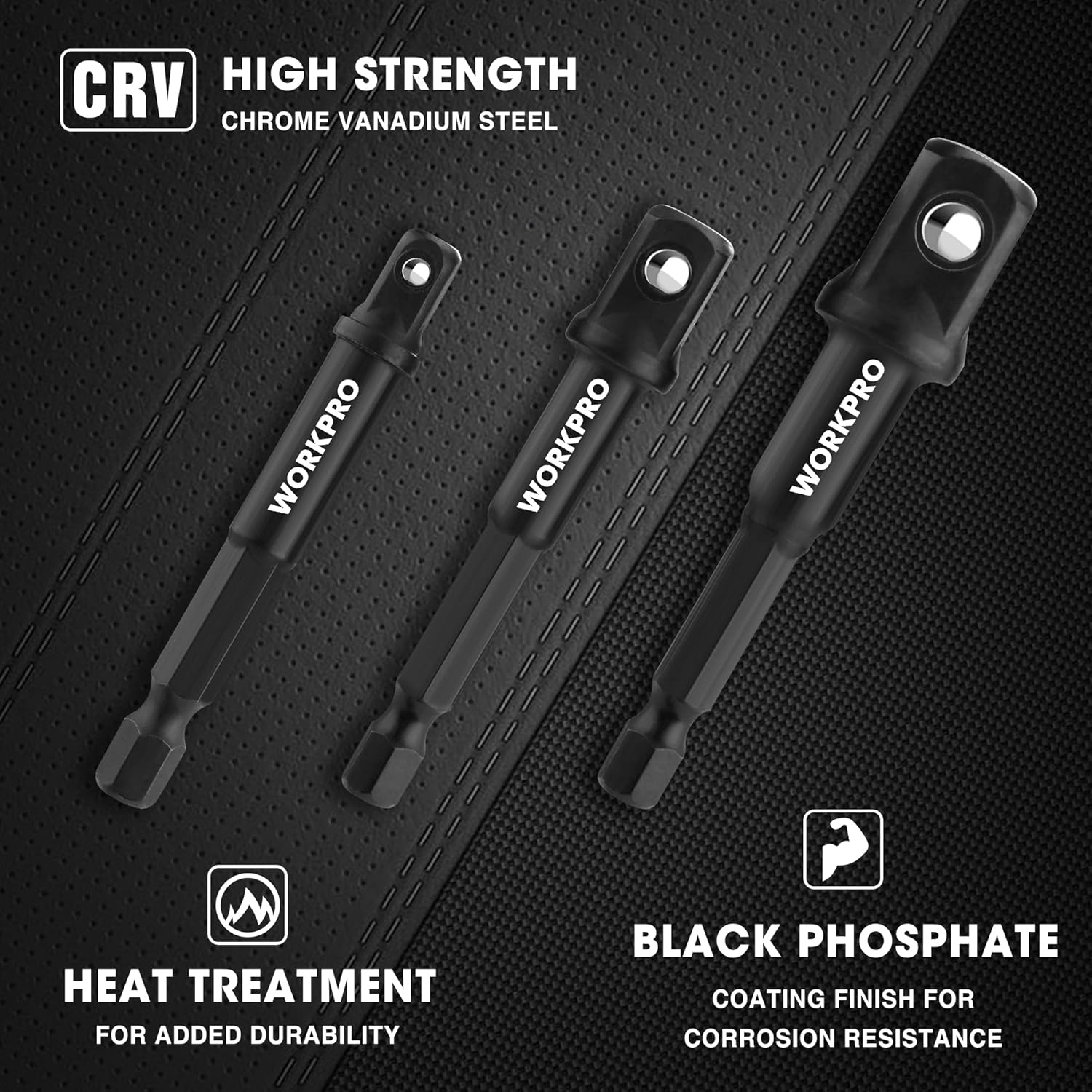 Socket adapter extensions in black CR-V chrome vanadium steel with heat-treated finish
