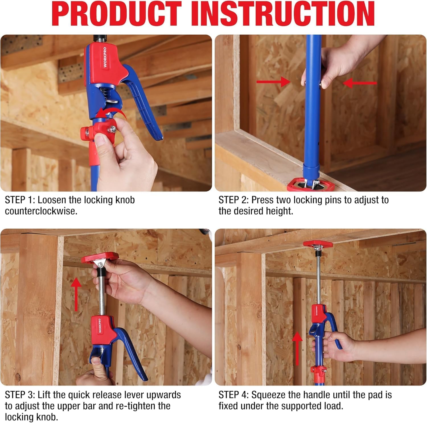 WORKPRO Cabinet Jack Support Pole 18-12 to 29-12 inch adjustable 2-pack with secure quick-release lever, quality