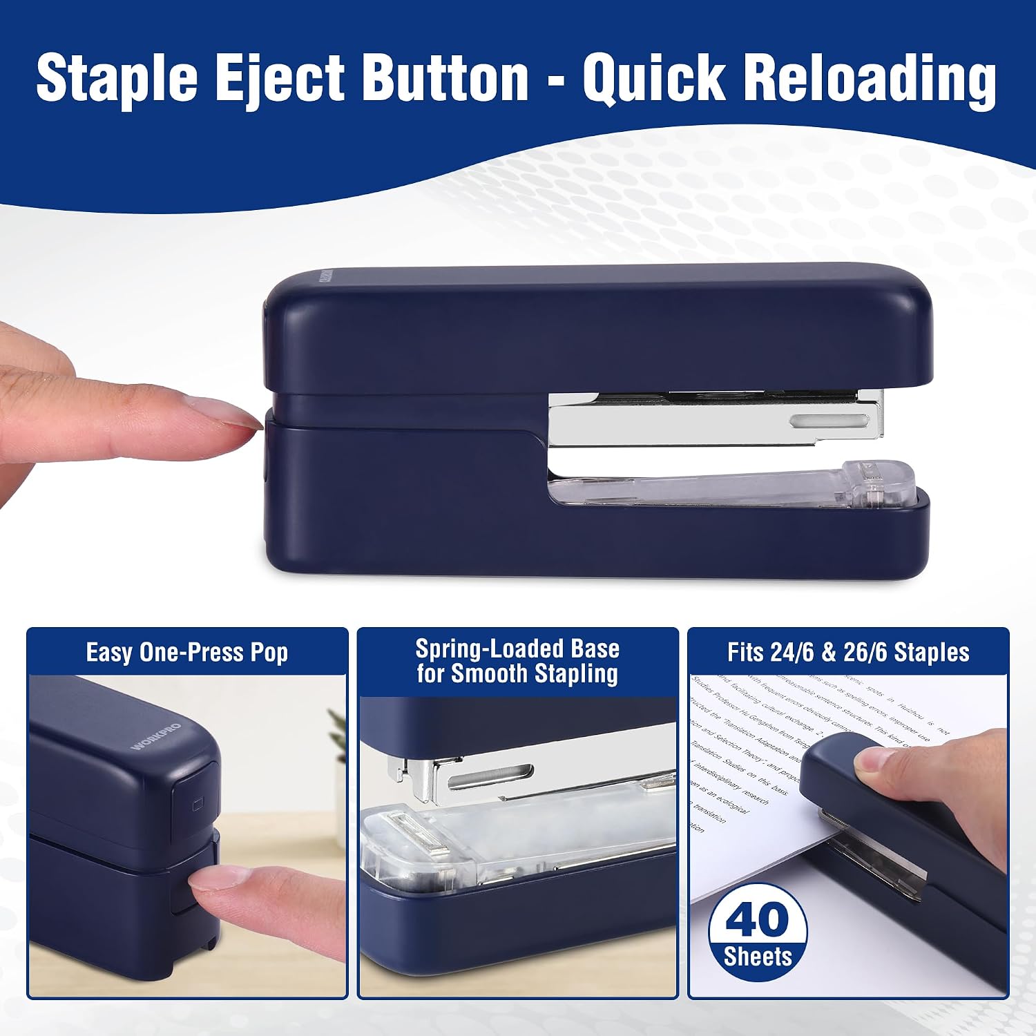 WORKPRO 2 in 1 stapler with staples, blue plastic housing, rear push button storage compartment, durable quality