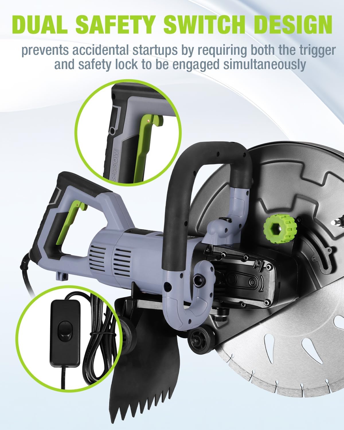 Wet concrete saw with dual safety switch design, safety lock, and auxiliary handle