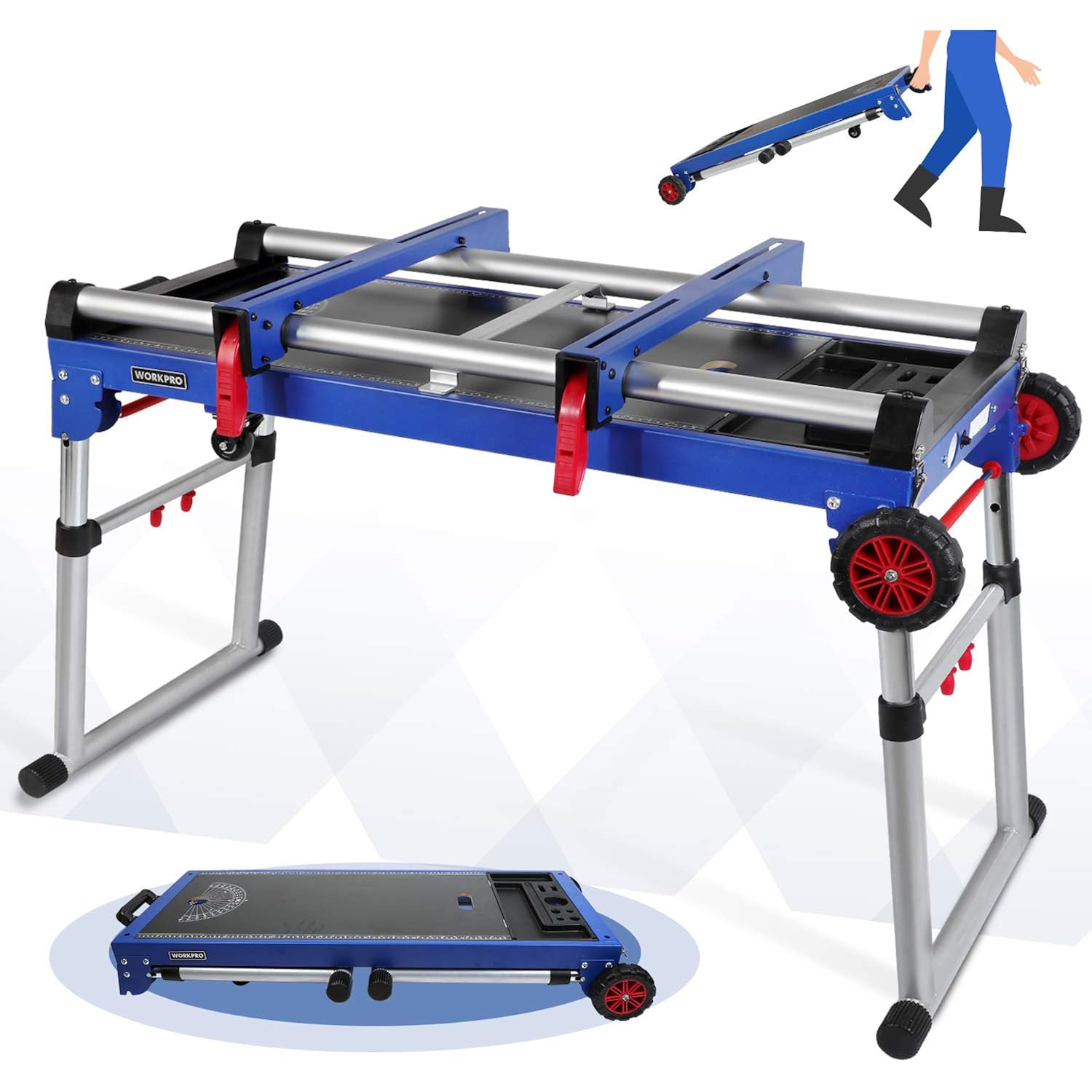 Blue 4-in-1 portable miter saw stand workbench with folding base and casters