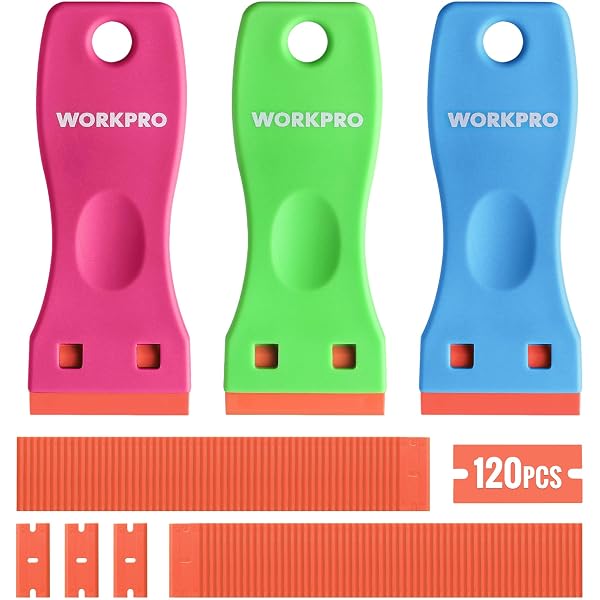 WORKPRO 3-Piece Plastic Razor Blade Scraper with 120 Pcs Plastic Razor Blades, for Gasket Remover, Labels Decal and Adhesive Remover for Windows and Glass