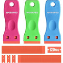 WORKPRO 3-Piece Plastic Razor Blade Scraper with 120 Pcs Plastic Razor Blades, for Gasket Remover, Labels Decal and Adhesive Remover for Windows and Glass