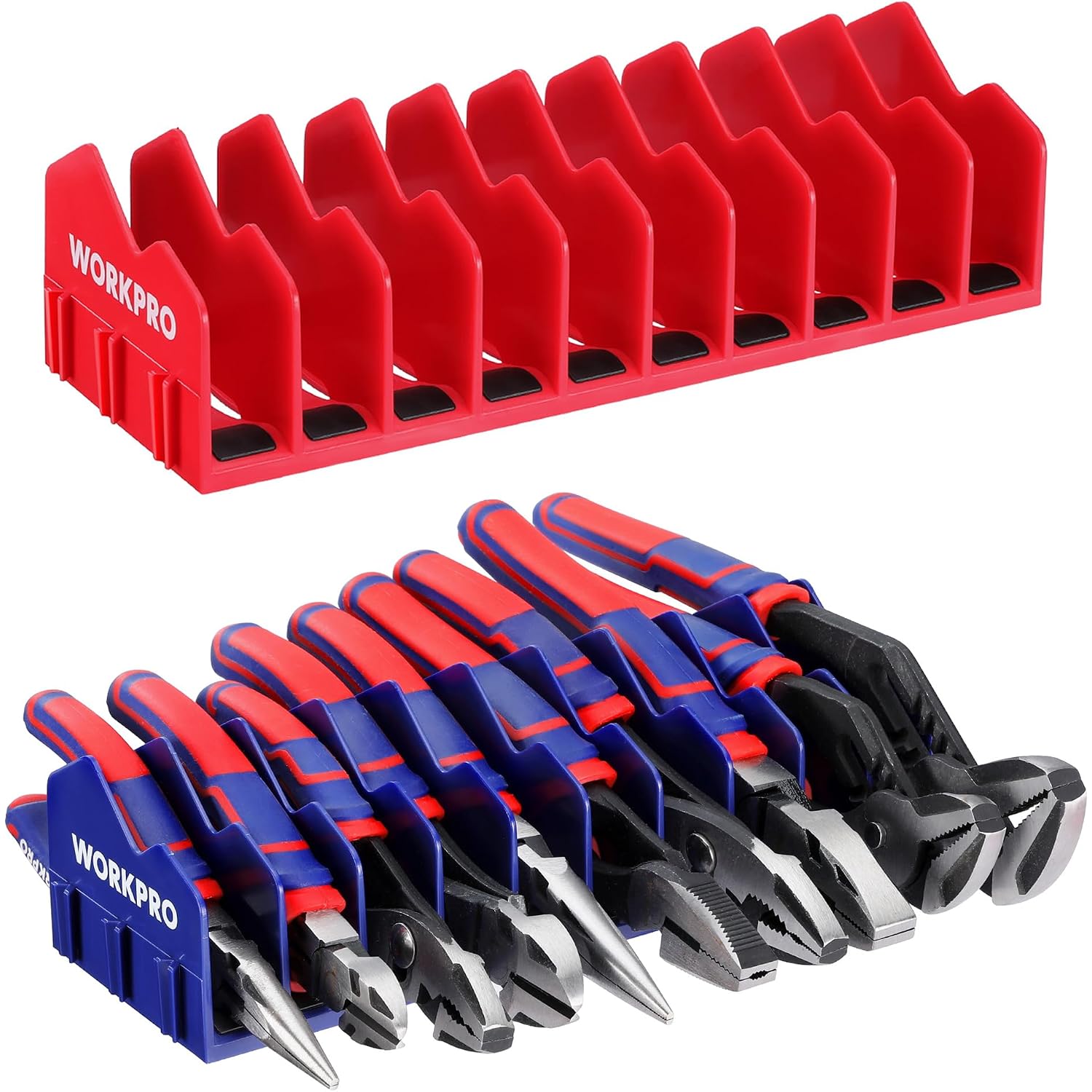 WORKPRO plier organizer rack set with red and blue slots holding pliers