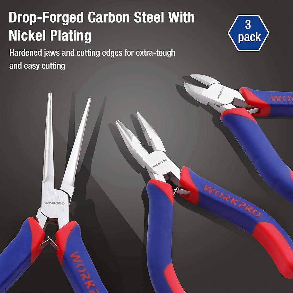 WORKPRO mini pliers 3-pack with steel jaws and blue-and-red insulated handles