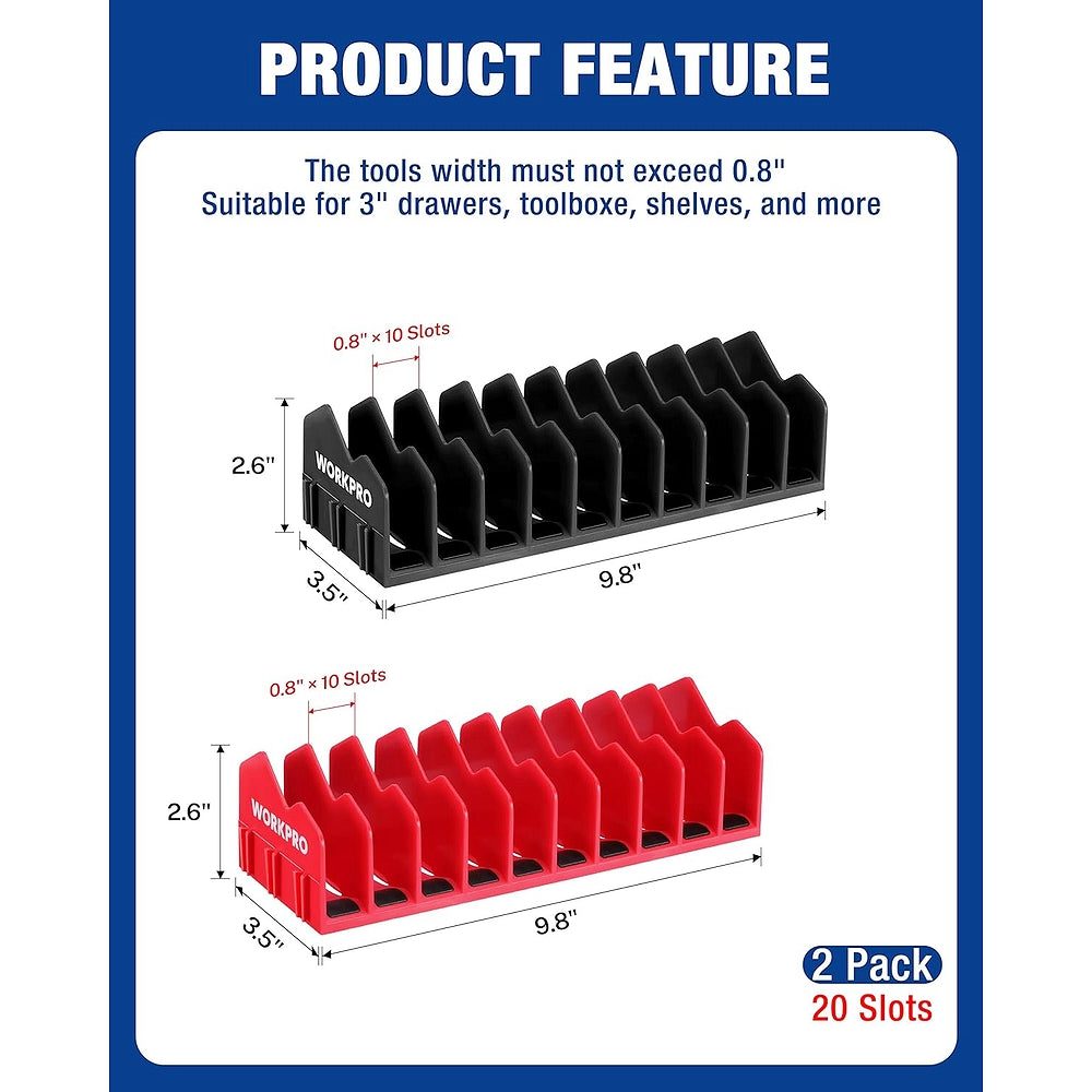 WORKPRO 20-slot plier organizer rack, black and red slot bases for tool drawer storage