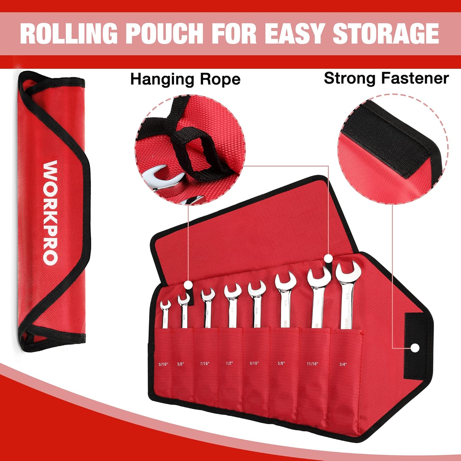 Rolling pouch tool organizer with hanging strap for metric ratcheting wrenches