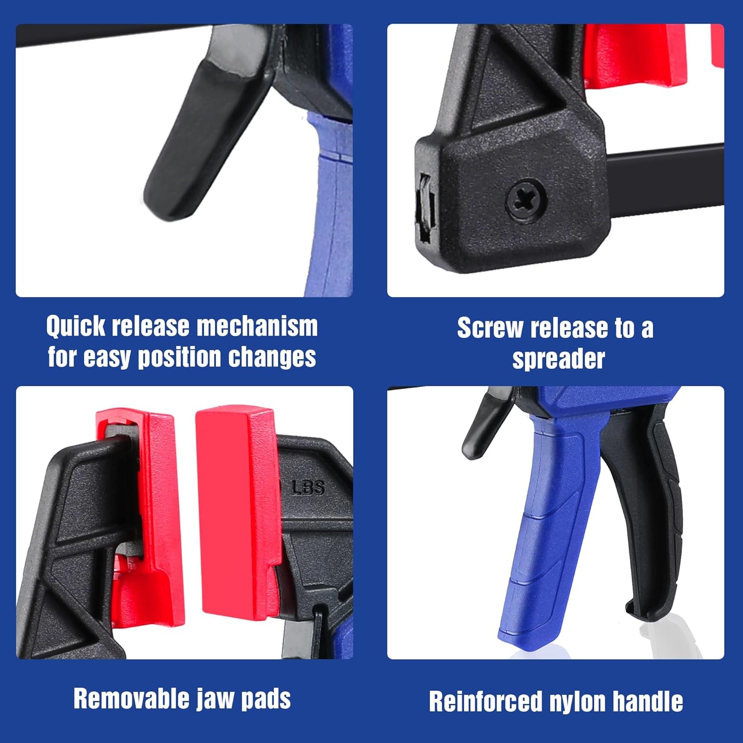 WORKPRO mini bar clamp, removable red jaw pads and quick-release mechanism