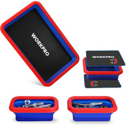 Red-and-blue collapsible magnetic parts tray with WORKPRO logo insert