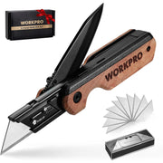 Folding utility knife with wood handle and black blade, shown with spare blade set