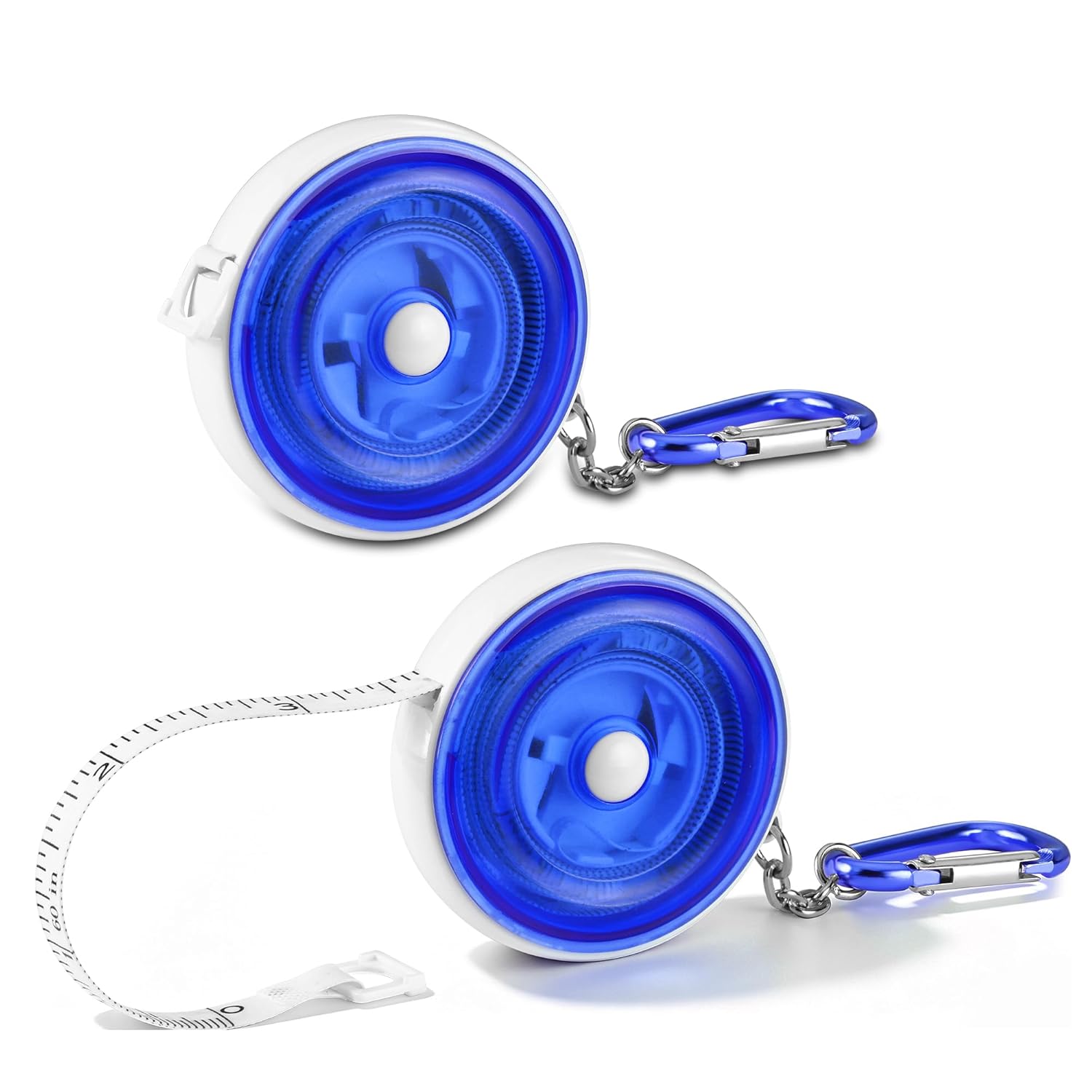 Two blue retractable tape measures with carabiner clips, coiled in white housing