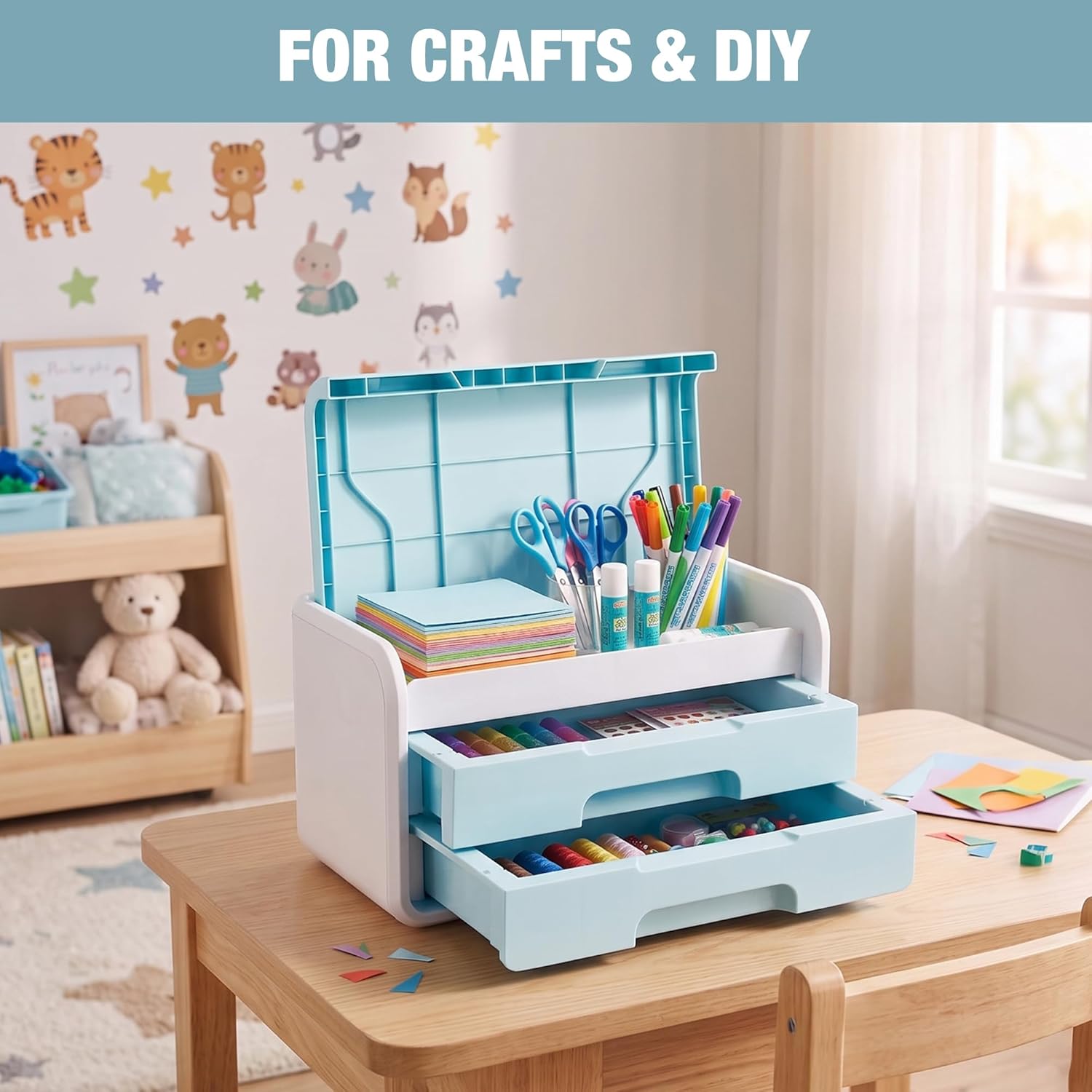Blue and white desktop organizer with flip lid open, two drawers for craft supplies