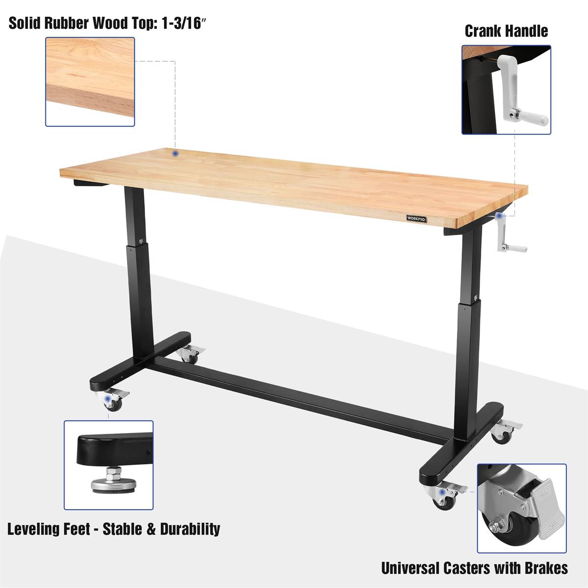Height-adjustable work table with solid rubber wood top, crank handle, and locking casters.