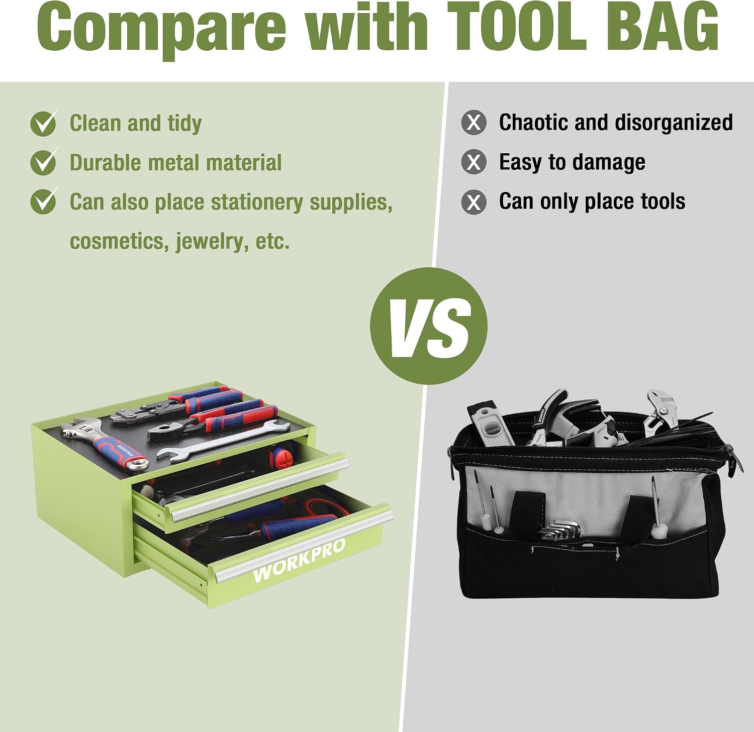 WORKPRO Portable & 12.5" Mini Metal Tool Box, Top Tool Chest Containing Two Drawers, Macaron Green