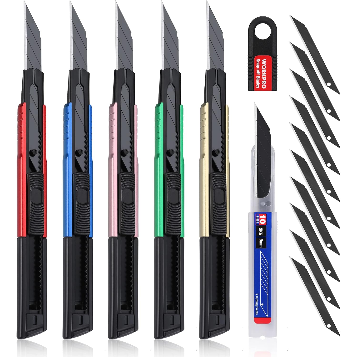 Retractable box cutter knives in assorted colors with extra 9mm snap-off blade pack