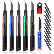 Retractable box cutter knives in assorted colors with extra 9mm snap-off blade pack