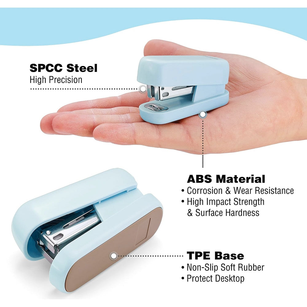 Light blue mini stapler held in hand, showing metal stapling mechanism and base