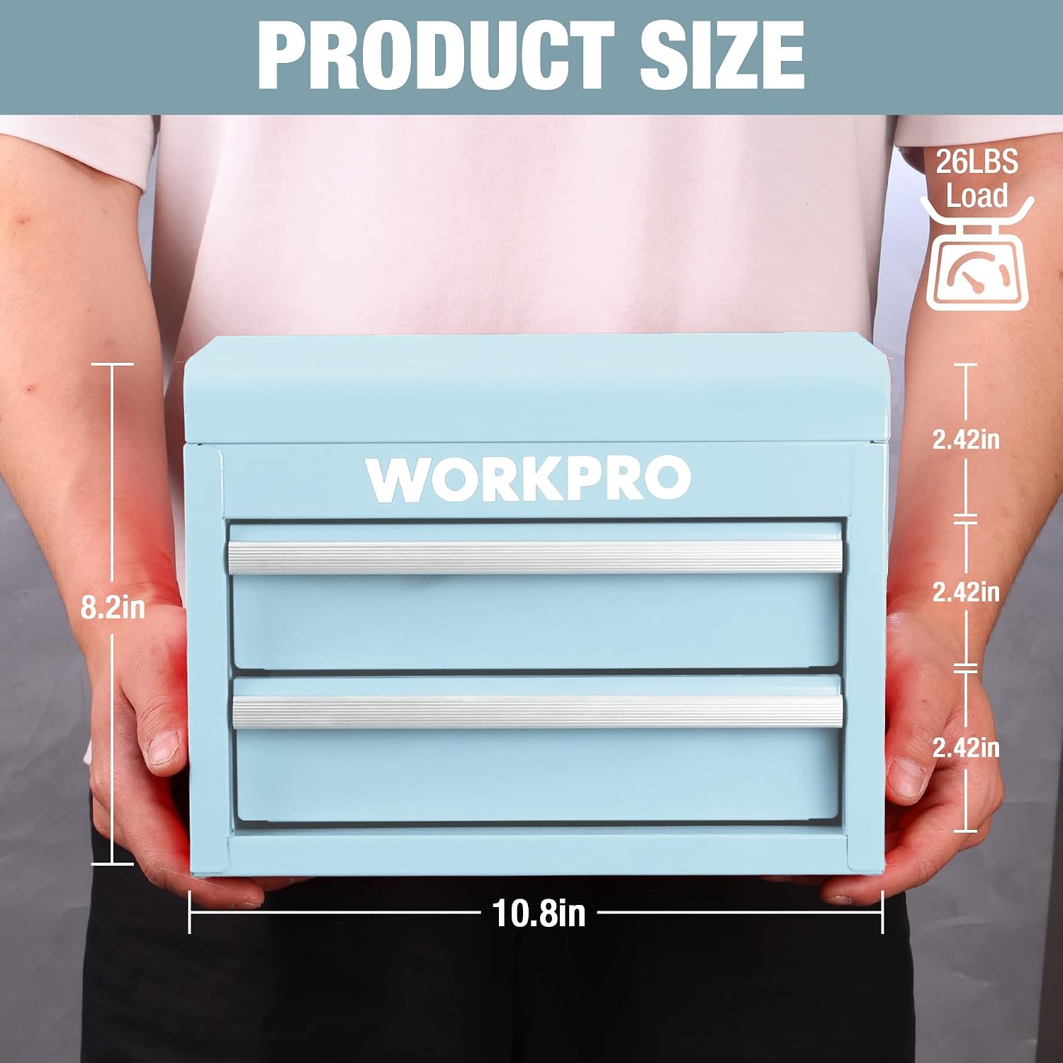 WORKPRO Mini Metal Tool Box with 2 Drawers and Top Storage, Small Tool Chest, Light Blue (upgraded with ball bearing slides)