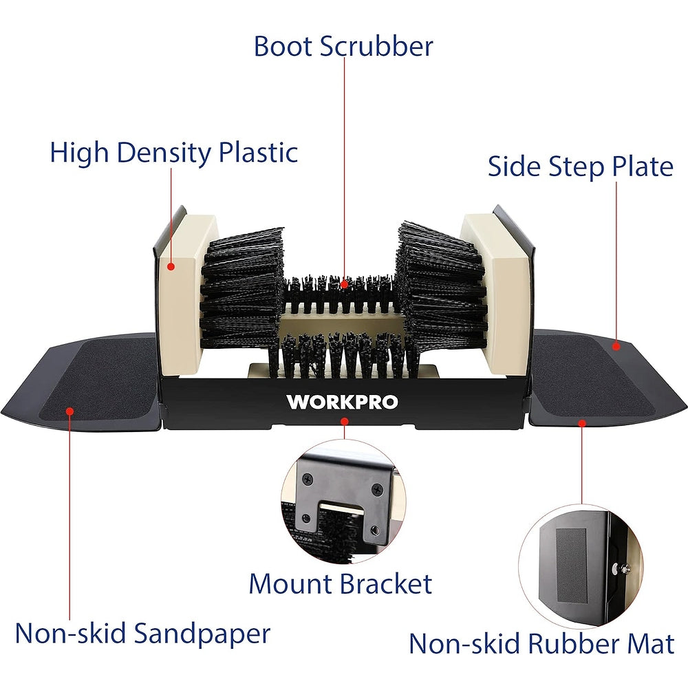 Boot scrubber with twin rotating bristle brushes, side step plates, and non-skid base