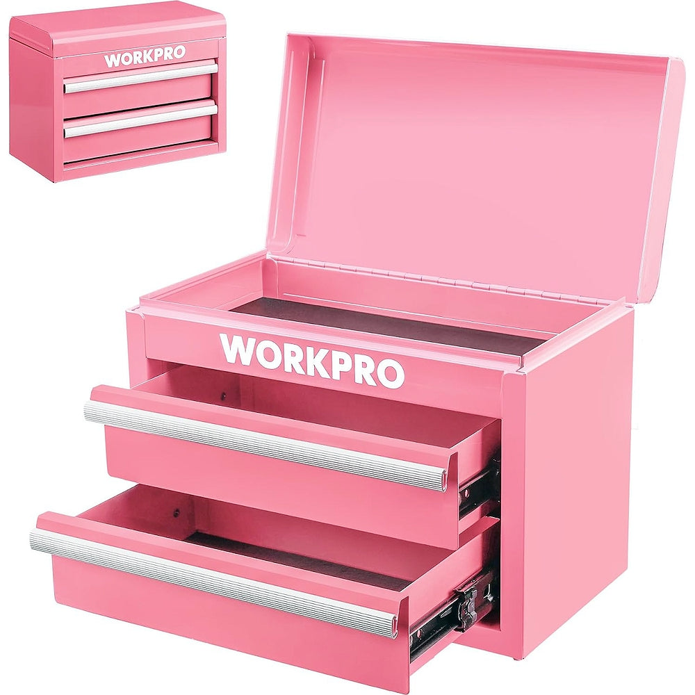WORKPRO Mini Metal Tool Box with 2 Drawers and Top Storage, Small Tool Chest, Pink (upgraded with Ball Bearing Slides)